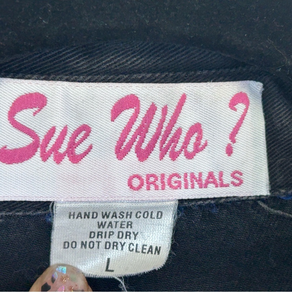 Vintage Sue Who? Women’s Western Shacket Top Size L Button Up Rhinestone‎ Black - Picture 4 of 11